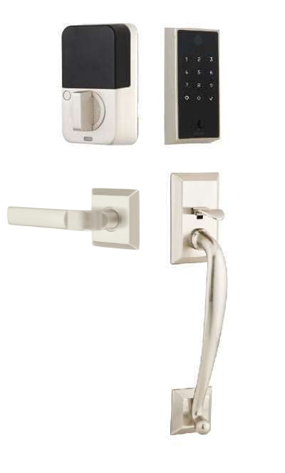 The Emtek EMPowered 2 Touch Entry Set with Franklin Grip and Interior Aston Lever in Satin Nickel finish.