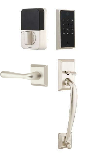 The Emtek EMPowered 2 Touch Entry Set with Franklin Grip and Interior Basel Lever in Satin Nickel finish.