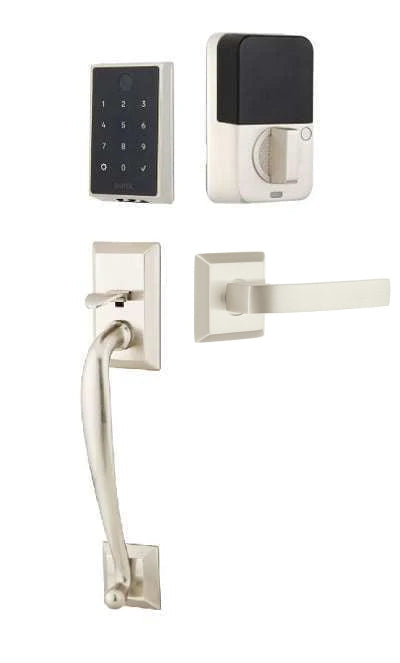 The Emtek EMPowered 2 Touch Entry Set with Franklin Grip and Interior Breslin Lever in Satin Nickel finish.