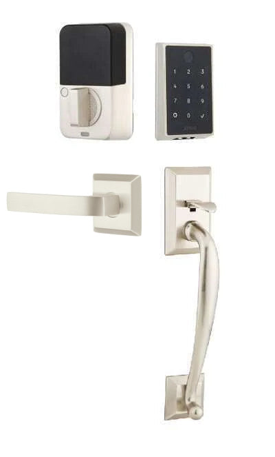 The Emtek EMPowered 2 Touch Entry Set with Franklin Grip and Interior Breslin Lever in Satin Nickel finish.