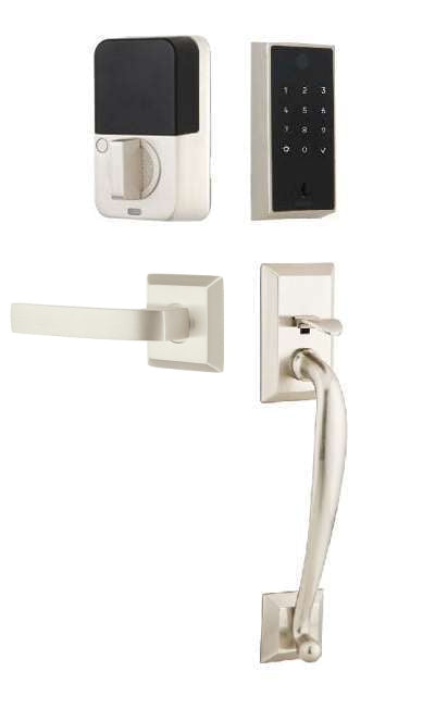 The Emtek EMPowered 2 Touch Entry Set with Franklin Grip and Interior Breslin Lever in Satin Nickel finish.