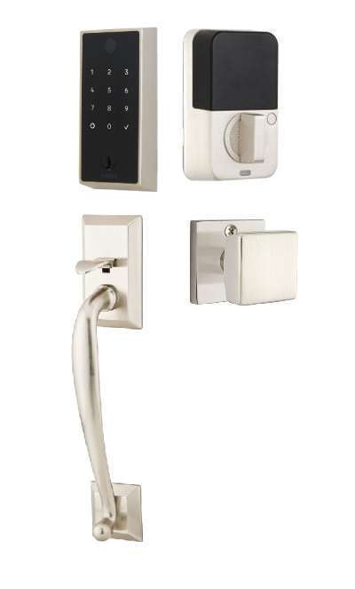 The Emtek EMPowered 2 Touch Entry Set with Franklin Grip and Interior Square Knob in Satin Nickel finish.