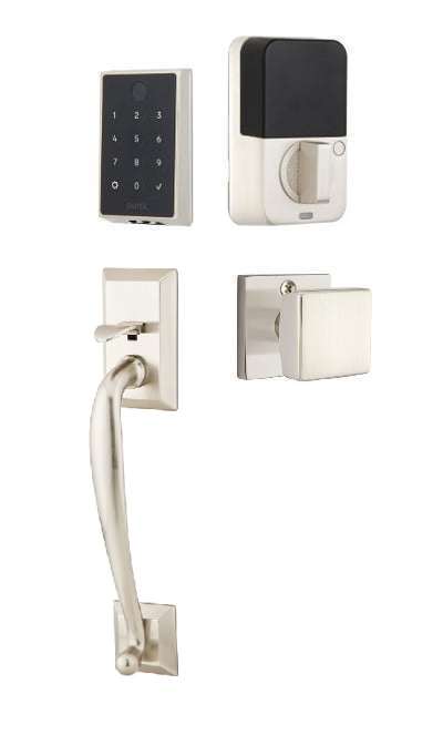 The Emtek EMPowered 2 Touch Entry Set with Franklin Grip and Interior Square Knob in Satin Nickel finish.