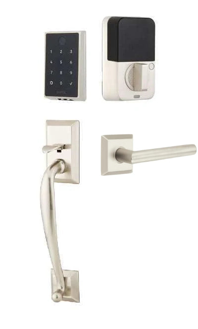 The Emtek EMPowered 2 Touch Entry Set with Franklin Grip and Interior Stuttgart Lever in Satin Nickel finish.