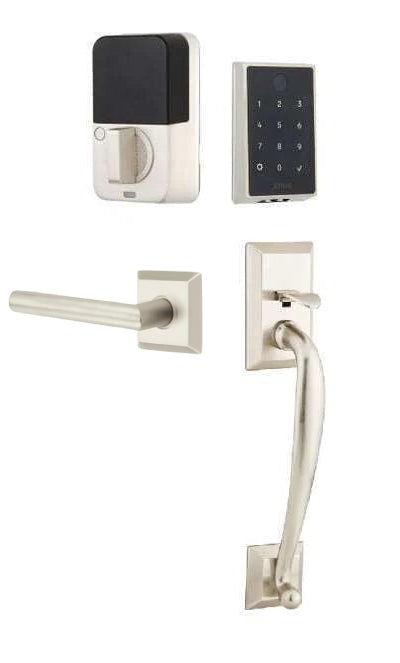 The Emtek EMPowered 2 Touch Entry Set with Franklin Grip and Interior Stuttgart Lever in Satin Nickel finish.