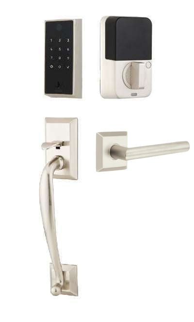 The Emtek EMPowered 2 Touch Entry Set with Franklin Grip and Interior Stuttgart Lever in Satin Nickel finish.