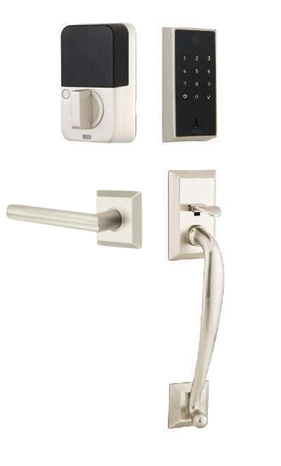 The Emtek EMPowered 2 Touch Entry Set with Franklin Grip and Interior Stuttgart Lever in Satin Nickel finish.