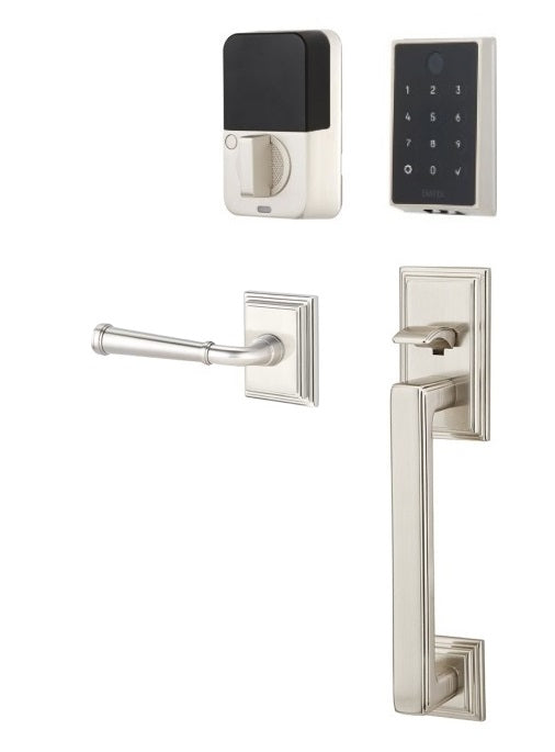 The Emtek EMPowered 2 Touch Entry Set with Hamden Grip and Interior Merrimack Lever in Satin Nickel finish.