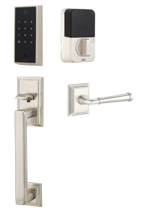 The Emtek EMPowered 2 Touch Entry Set with Hamden Grip and Interior Merrimack Lever in Satin Nickel finish.