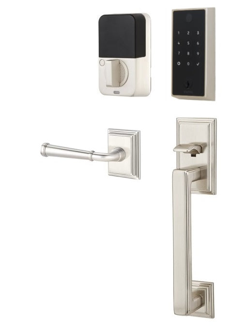 The Emtek EMPowered 2 Touch Entry Set with Hamden Grip and Interior Merrimack Lever in Satin Nickel finish.