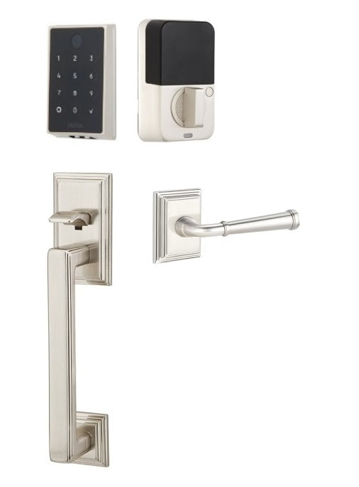 The Emtek EMPowered 2 Touch Entry Set with Hamden Grip and Interior Merrimack Lever in Satin Nickel finish.