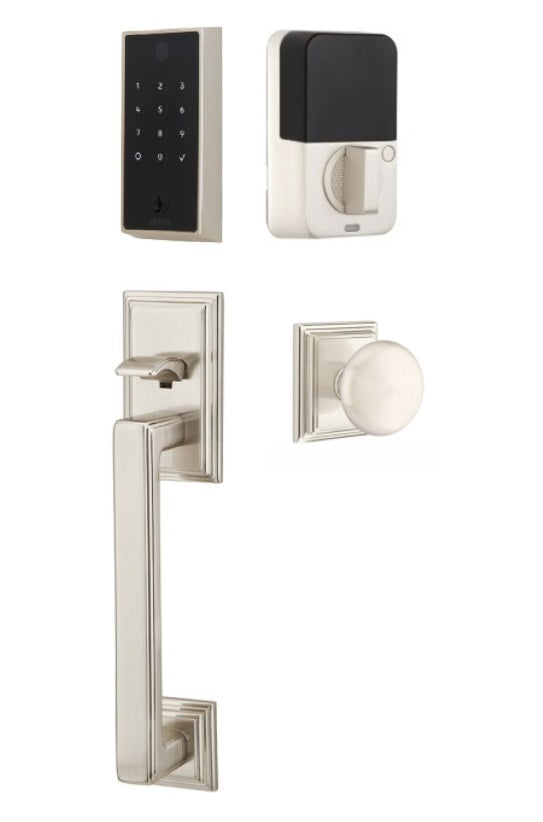 The Emtek EMPowered 2 Touch Entry Set with Hamden Grip and Interior Providence Knob in Satin Nickel finish.