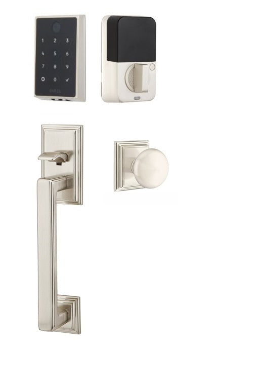 The Emtek EMPowered 2 Touch Entry Set with Hamden Grip and Interior Providence Knob in Satin Nickel finish.