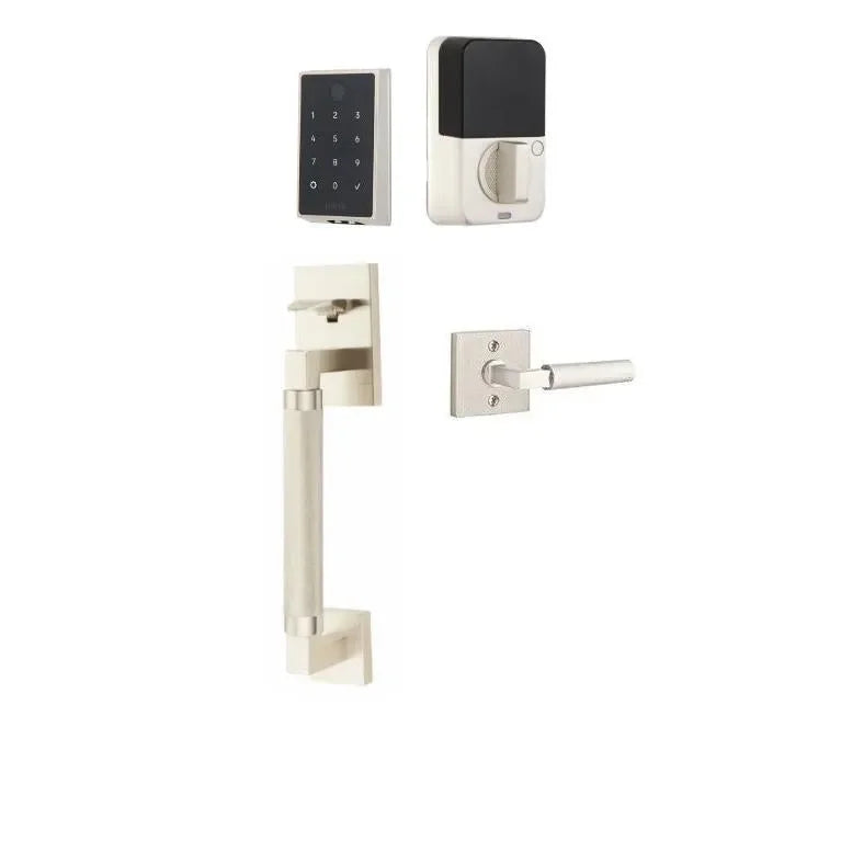 The Emtek EMPowered 2 Touch Entry Set with Hercules Knurled Grip and Interior Hercules Lever in Satin Nickel finish.