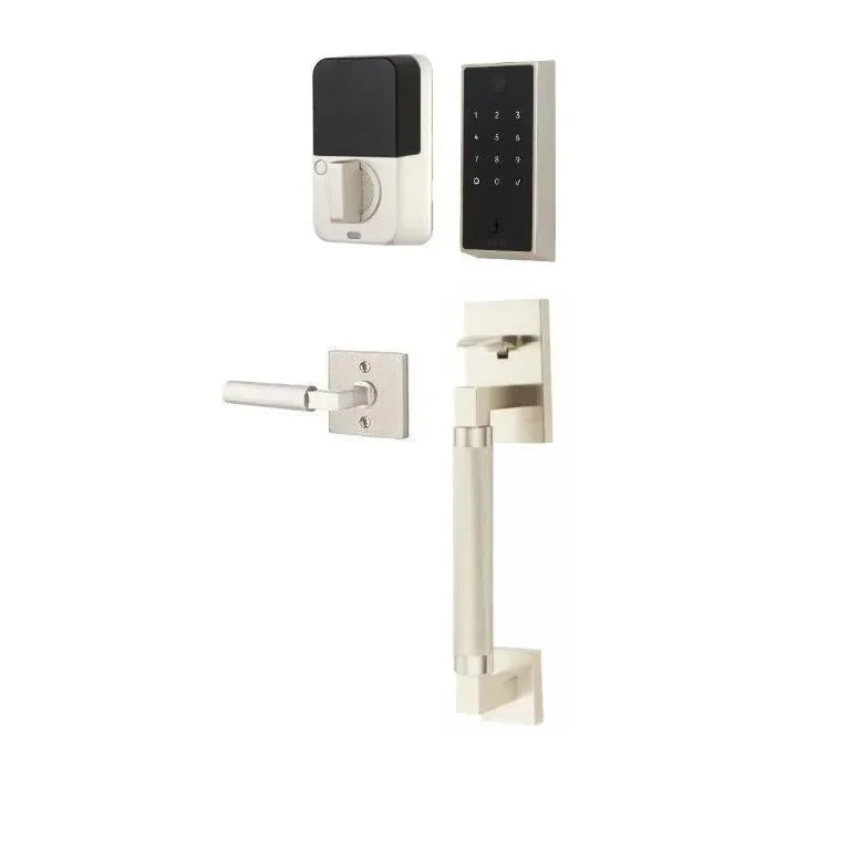 The Emtek EMPowered 2 Touch Entry Set with Hercules Knurled Grip and Interior Hercules Lever in Satin Nickel finish.