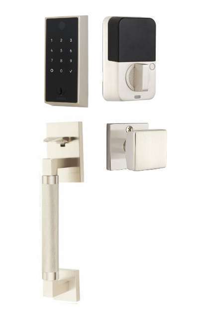 The Emtek EMPowered 2 Touch Entry Set with Hercules Knurled Grip and Interior Square Knob in Satin Nickel finish.