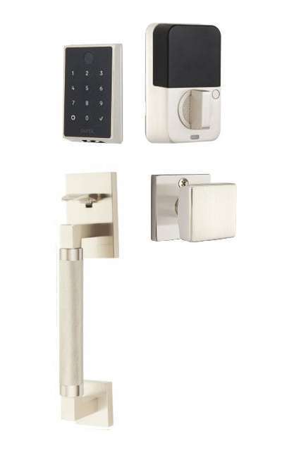 The Emtek EMPowered 2 Touch Entry Set with Hercules Knurled Grip and Interior Square Knob in Satin Nickel finish.