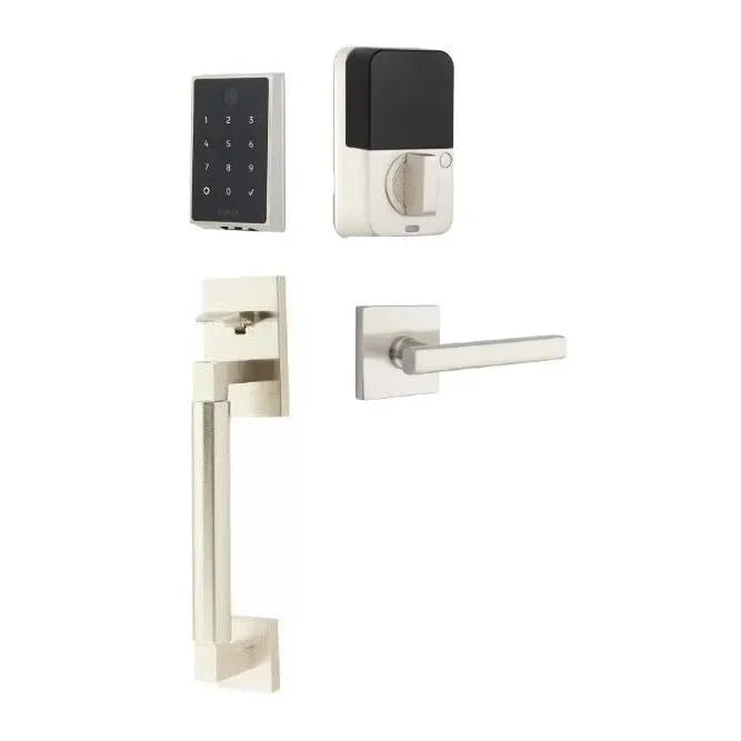 The Emtek EMPowered 2 Touch Entry Set with Hercules Smooth Grip and Interior Freestone Lever in Satin Nickel finish.