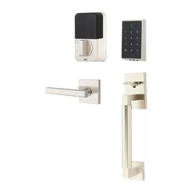 The Emtek EMPowered 2 Touch Entry Set with Hercules Smooth Grip and Interior Freestone Lever in Satin Nickel finish.