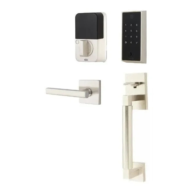 The Emtek EMPowered 2 Touch Entry Set with Hercules Smooth Grip and Interior Freestone Lever in Satin Nickel finish.