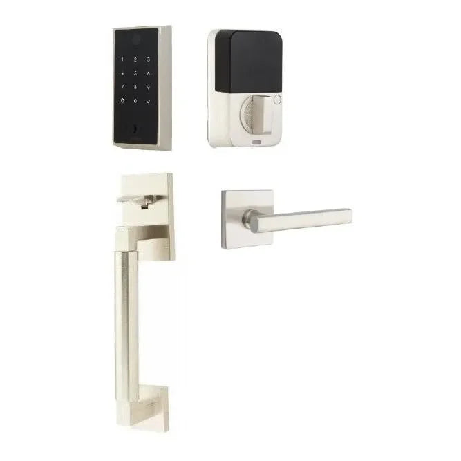 The Emtek EMPowered 2 Touch Entry Set with Hercules Smooth Grip and Interior Freestone Lever in Satin Nickel finish.