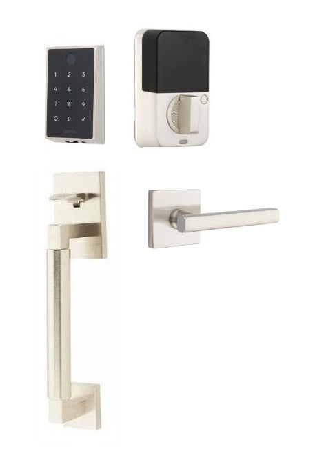 The Emtek EMPowered 2 Touch Entry Set with Hercules Smooth Grip and Interior Freestone Lever in Satin Nickel finish.