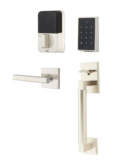 The Emtek EMPowered 2 Touch Entry Set with Hercules Smooth Grip and Interior Freestone Lever in Satin Nickel finish.