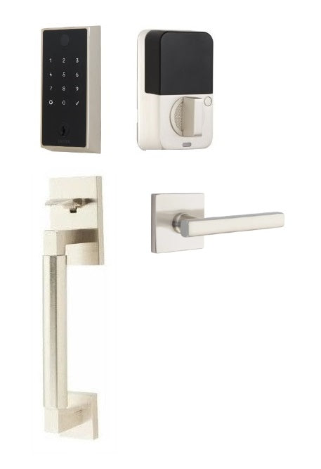 The Emtek EMPowered 2 Touch Entry Set with Hercules Smooth Grip and Interior Freestone Lever in Satin Nickel finish.