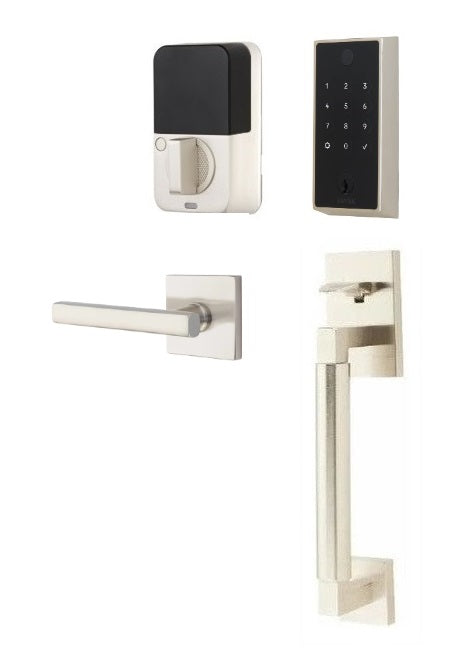 The Emtek EMPowered 2 Touch Entry Set with Hercules Smooth Grip and Interior Freestone Lever in Satin Nickel finish.