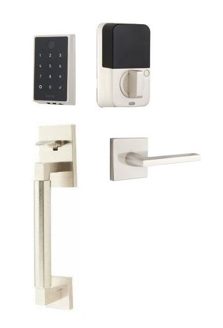 The Emtek EMPowered 2 Touch Entry Set with Hercules Smooth Grip and Interior Helios Lever in Satin Nickel finish.