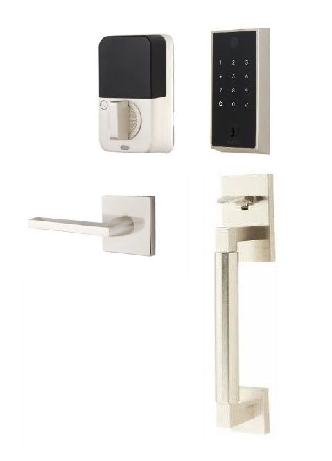 The Emtek EMPowered 2 Touch Entry Set with Hercules Smooth Grip and Interior Helios Lever in Satin Nickel finish.