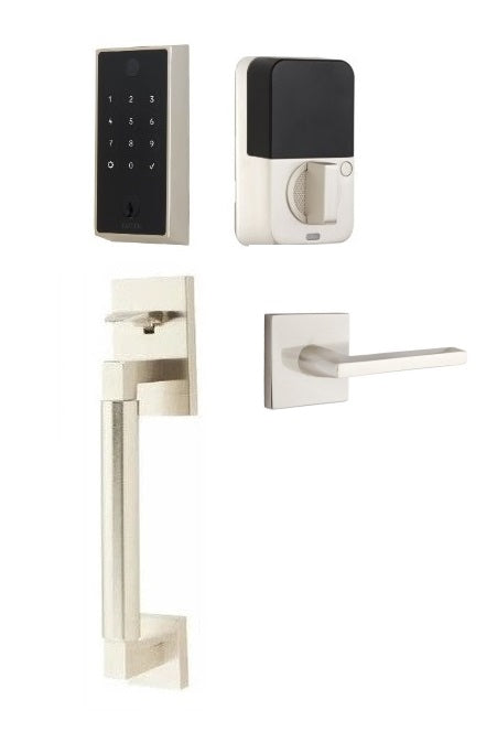 The Emtek EMPowered 2 Touch Entry Set with Hercules Smooth Grip and Interior Helios Lever in Satin Nickel finish.