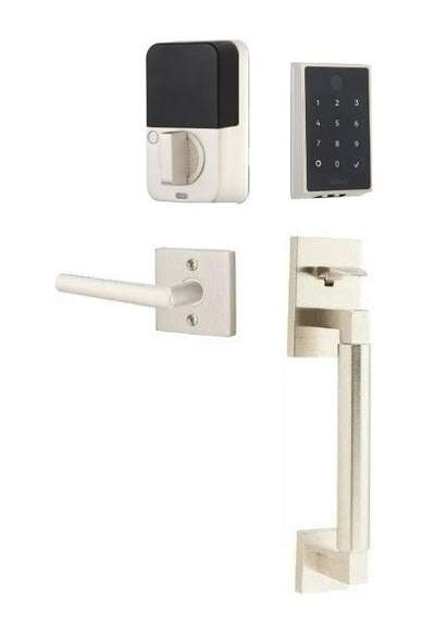 The Emtek EMPowered 2 Touch Entry Set with Hercules Smooth Grip and Interior Stuttgart Lever in Satin Nickel finish.