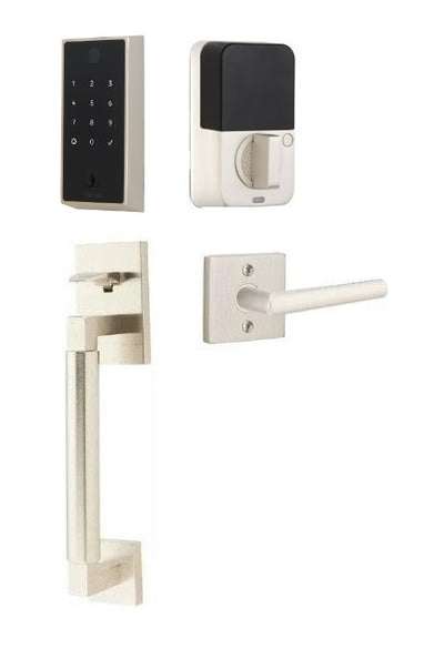 The Emtek EMPowered 2 Touch Entry Set with Hercules Smooth Grip and Interior Stuttgart Lever in Satin Nickel finish.