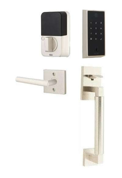 The Emtek EMPowered 2 Touch Entry Set with Hercules Smooth Grip and Interior Stuttgart Lever in Satin Nickel finish.