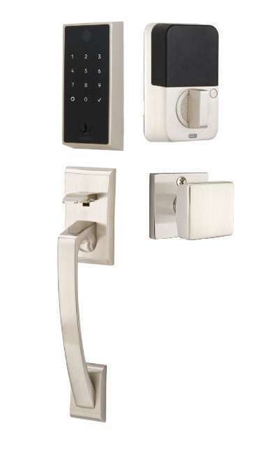 The Emtek EMPowered 2 Touch Key Free Entry Set with Ares Grip and Interior Square Knob in Satin Nickel finish.