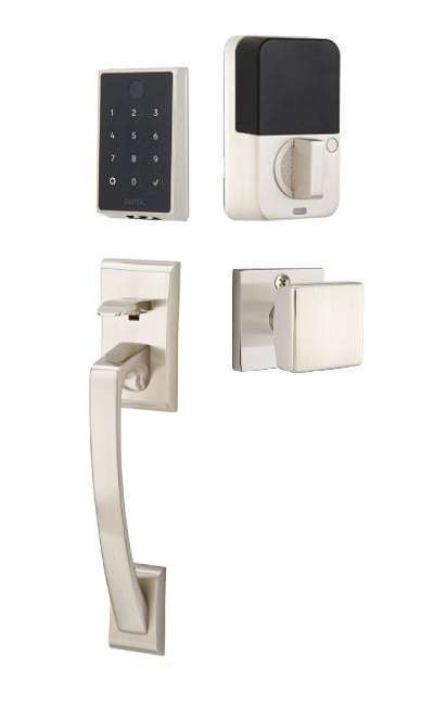 The Emtek EMPowered 2 Touch Key Free Entry Set with Ares Grip and Interior Square Knob in Satin Nickel finish.