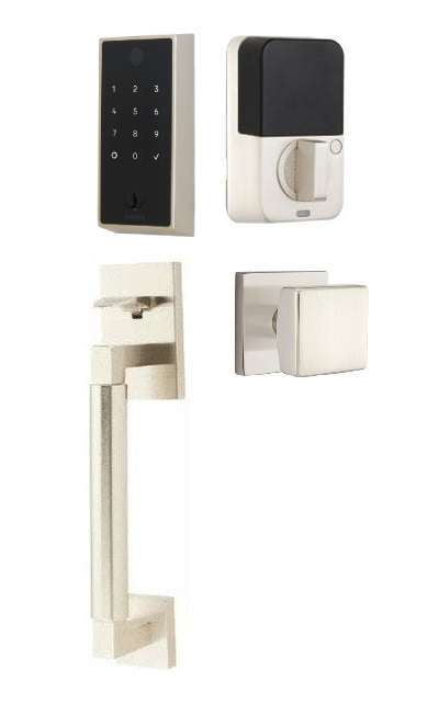 The Emtek EMPowered 2 Touch Key Free Entry Set with Hercules Smooth Grip and Interior Square Knob in Satin Nickel finish.