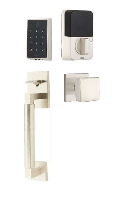 The Emtek EMPowered 2 Touch Key Free Entry Set with Hercules Smooth Grip and Interior Square Knob in Satin Nickel finish.