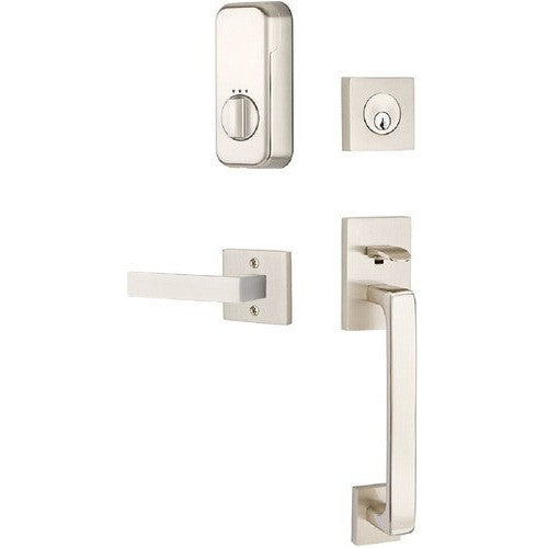 The Emtek EMPowered Baden Tubular Entrance Handleset Single Cylinder with Dumont Lever in Satin Nickel finish