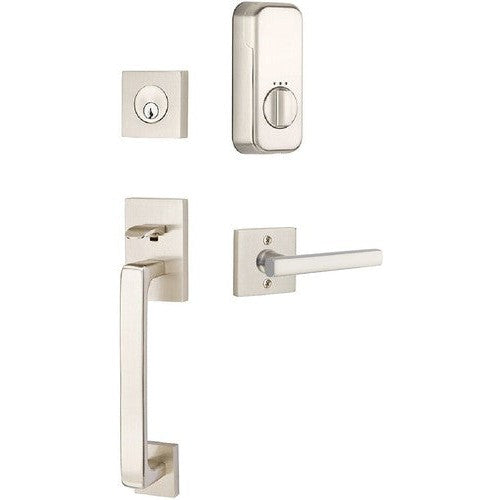 The Emtek EMPowered Baden Tubular Entrance Handleset Single Cylinder with Freestone Lever in Satin Nickel finish