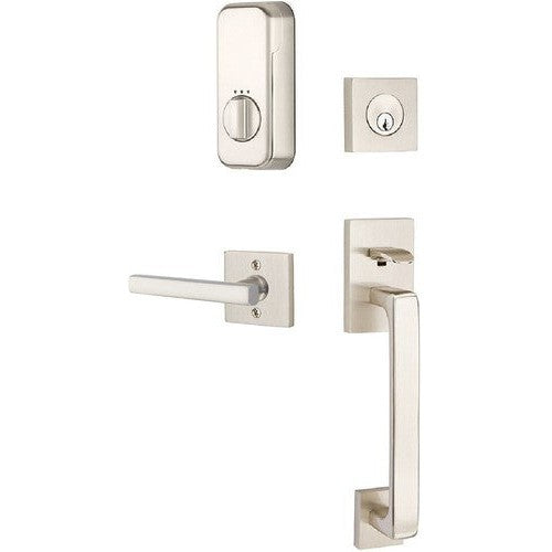 The Emtek EMPowered Baden Tubular Entrance Handleset Single Cylinder with Freestone Lever in Satin Nickel finish