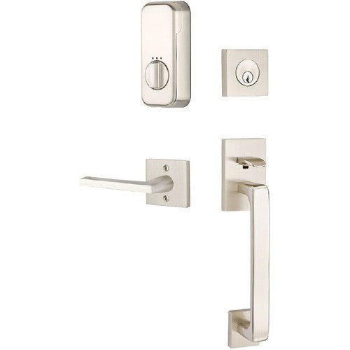 The Emtek EMPowered Baden Tubular Entrance Handleset Single Cylinder with Helios Lever in Satin Nickel finish