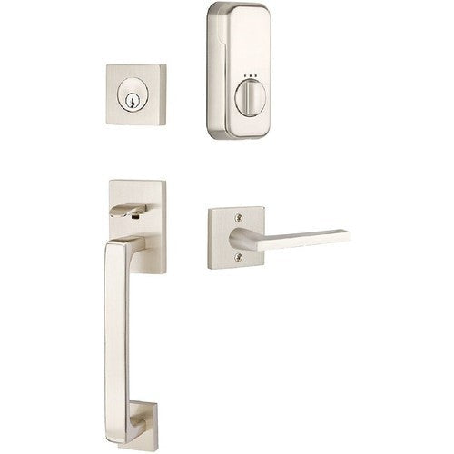 The Emtek EMPowered Baden Tubular Entrance Handleset Single Cylinder with Helios Lever in Satin Nickel finish