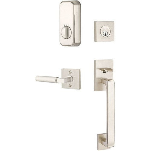 The Emtek EMPowered Baden Tubular Entrance Handleset Single Cylinder with Hercules Lever in Satin Nickel finish