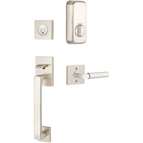 The Emtek EMPowered Baden Tubular Entrance Handleset Single Cylinder with Hercules Lever in Satin Nickel finish