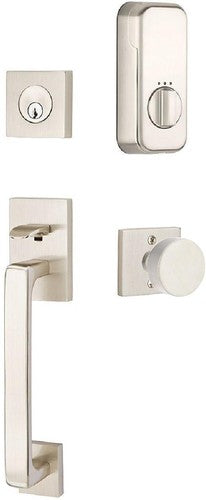 The Emtek EMPowered Baden Tubular Entrance Handleset Single Cylinder with Round Knob in Satin Nickel finish