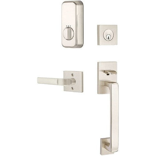 The Emtek EMPowered Smart Lock Baden Tubular Single Cylinder Entrance Handleset with Aston Lever in Satin Nickel finish