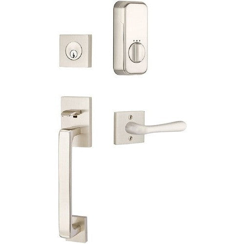 The Emtek EMPowered Smart Lock Baden Tubular Single Cylinder Entrance Handleset with Basel Lever in Satin Nickel finish