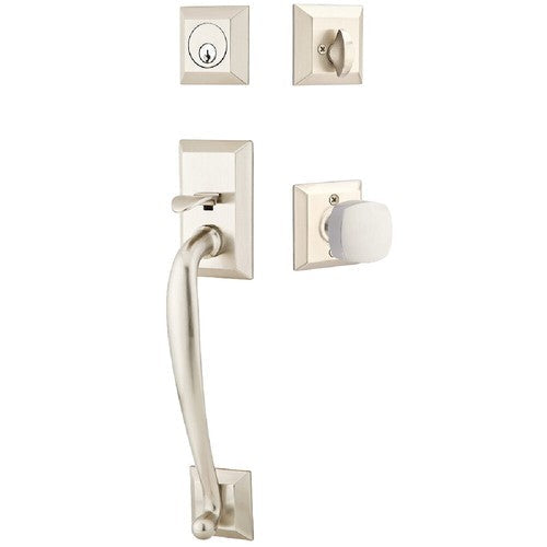 Emtek Franklin Tubular Entrance Handleset With Freestone Square Knob in Satin Nickel finish